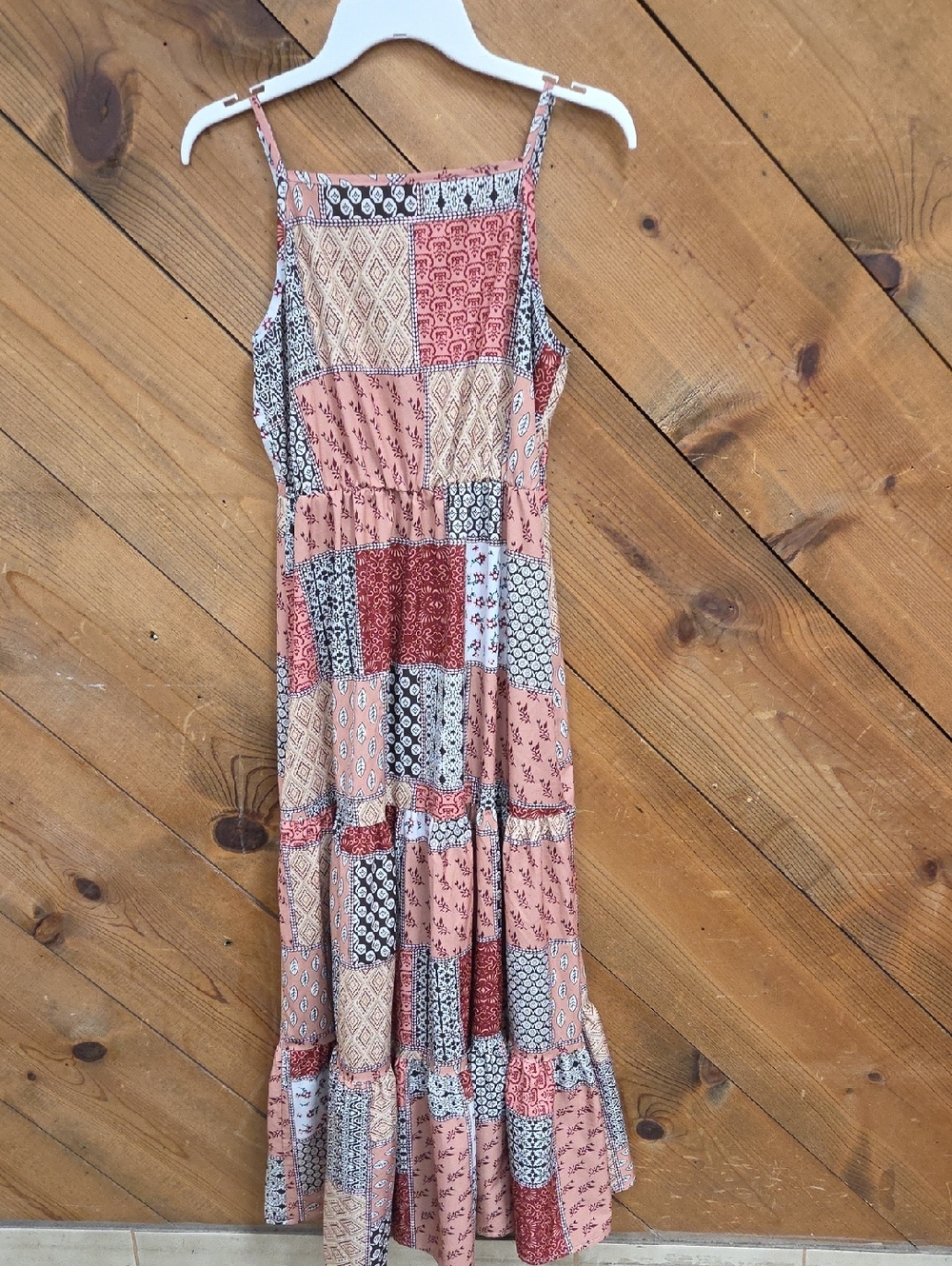Boho Patchwork Maxi Dress Pink Mauve Mixed Print Tiered Sleeveless Sundress
